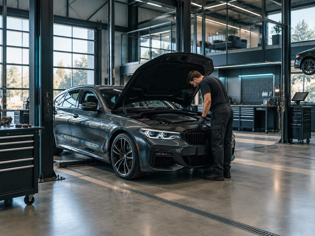 Monteur werkt aan een auto in een moderne werkplaats